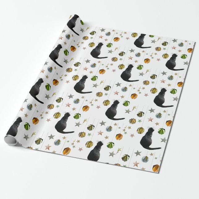 Cadeau Black Cat Gold Ball et Stars Wrapper Papier (Déroulé)