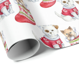 Cadeau Blanc  Papier à enveloppement de Noël pour chiots 