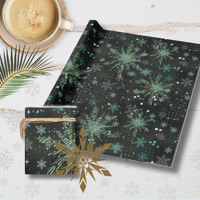 Cadeau Blanc Turquoise Blue Snowflakes Papier à enveloppe (White Teal Blue Snowflakes Black Wrapping paper )