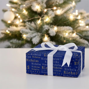 Cadeau Bleu, Argent et Or Nom Papier d'emballage personna