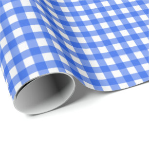 Cadeau Bleu royal  Papier blanc à enveloppement En vichy
