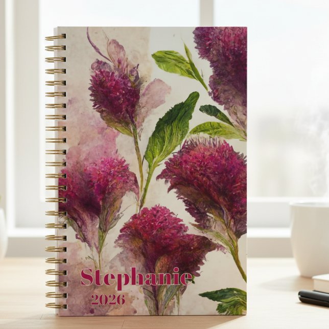 Cadeau Botanique de Fleurs Sauvages pour la Remise (Artistic magenta celosia wildflower notebook — a perfect 2026 graduation gift for her or teacher.)