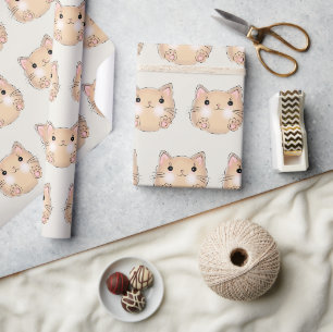 Cadeau Chat jaune sur papier d'emballage blanc