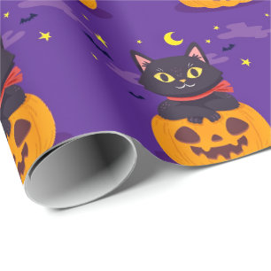 Cadeau Chat mignon en papier d'enveloppement citrouille