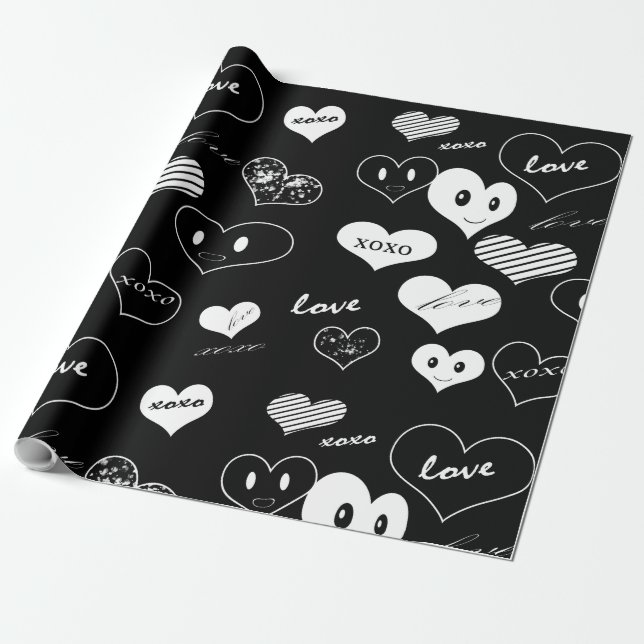 Cadeau Coeurs noir et blanc Aimer Xoxo Wrapping Papier (Déroulé)