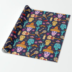 Cadeau Crâne à sucre sur papier d'emballage motif bleu fo