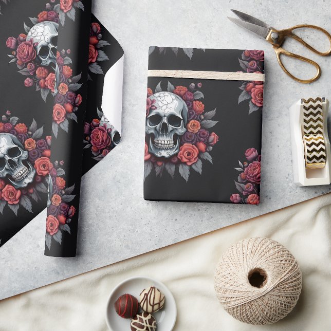 Cadeau Crâne avec papier d'enveloppement d'Halloween goth (🌹 Elegance in Darkness: Gothic Halloween Wrapping Paper! 👻)