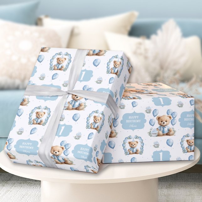 Cadeau Cute Bear Bleu 1er Anniversaire Nom Papier d'envel (Cute Bear Blue 1st Birthday Name Wrapping Paper)