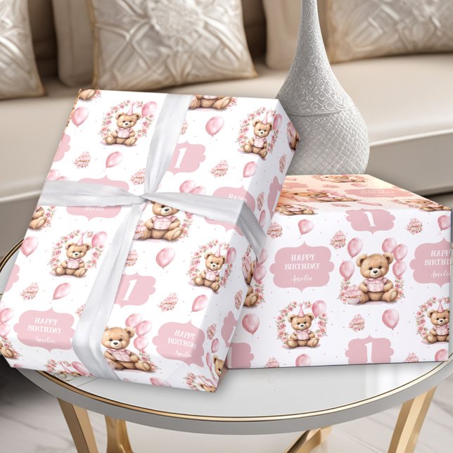 Cadeau Cute Bear Rose 1er Anniversaire Nom Papier d'envel (Cute Bear Pink 1st Birthday Name Wrapping Paper)