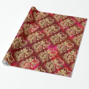 Cadeau Dragon d'or embouti sur papier satin rouge