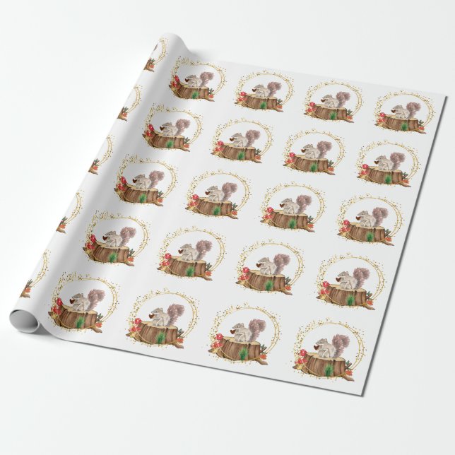 Cadeau écureuil avec papier d'emballage cœur (Déroulé)