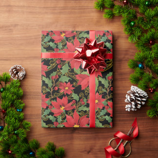 Cadeau Élégance de poinsettia sur papier d'emballage noir