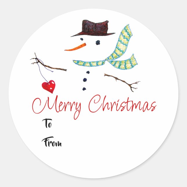 Cadeau Étiquette Noël Art Snowman avec coeur (Devant)