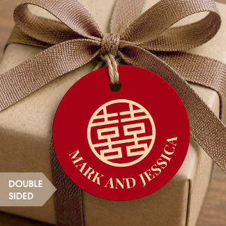 Cadeau Étiquettes rondes de mariage Bonheur Double Rouge