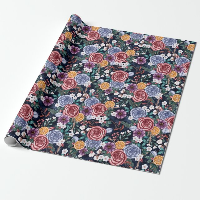 Cadeau Fleurs d'hiver foncées Yule Papier d'enveloppement (Déroulé)