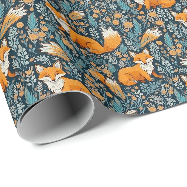 Cadeau Fleurs Renard Papier d'enveloppement bleu (Coin rond)