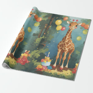Cadeau Girafe dans la jungle avec gâteau   Papier d'enrob