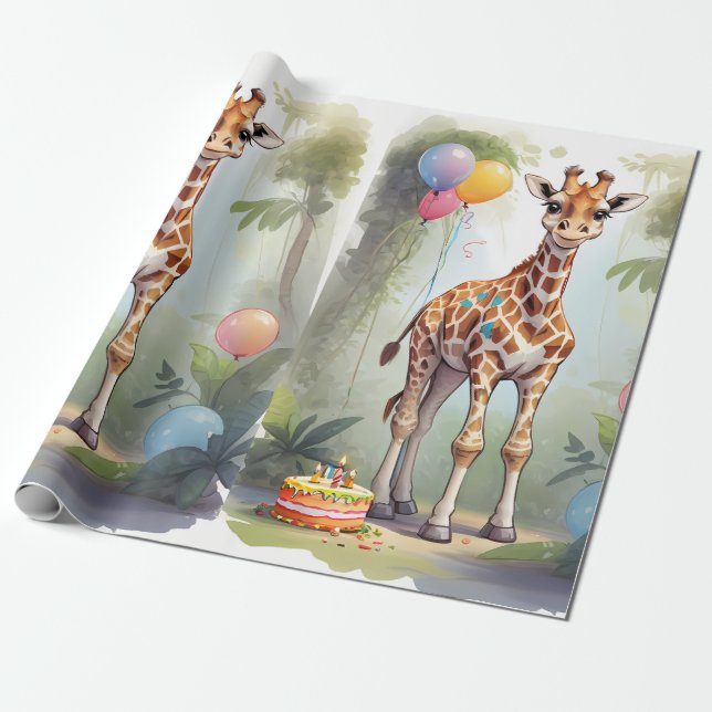 Cadeau Giraffe & Gâteau dans la jungle | Papier d'enrobag (Déroulé)