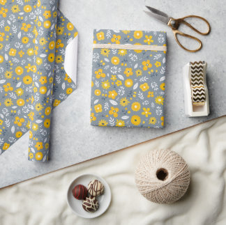 Cadeau Jaune | Blanc | Papier à enveloppement floral gris