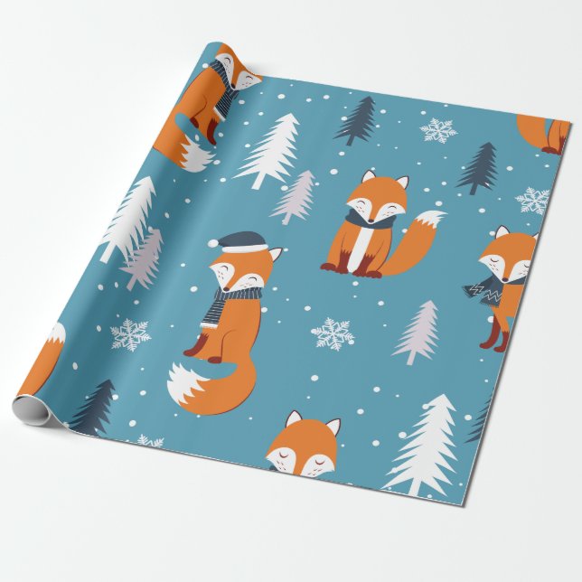 Cadeau Joli Noël Orange Fox Motif papier d'enveloppement (Déroulé)