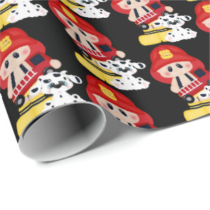 Cadeau Joli petit pompier papier d'emballage carrelé