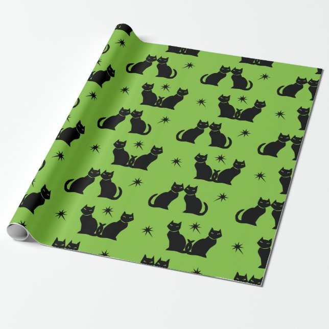 Cadeau Kitty noir rétro sur papier d'emballage vert (Déroulé)