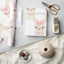 Llama Aquarelle rose or rose papier d'enveloppemen