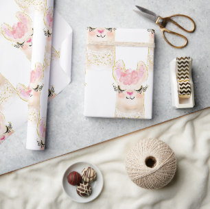 Cadeau Llama Aquarelle rose or rose papier d'enveloppemen
