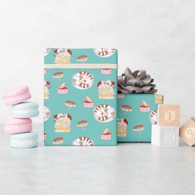Cadeau Motif Cute Kitty En Papier Enveloppé Vert (Baby Shower)