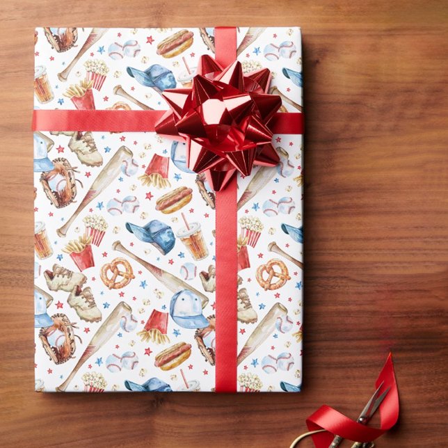 Cadeau Motif de baseball Anniversaire Papier (Red White & Blue Baseball Themed Birthday Party Wrapping Paper)