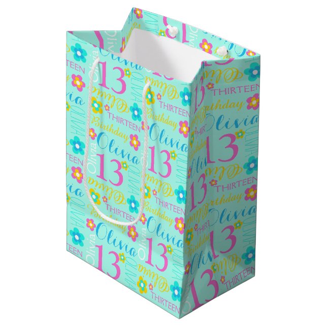 Cadeau Moyen 13ème Sac nommé fait sur commande rose turquoise (Devant Angle)