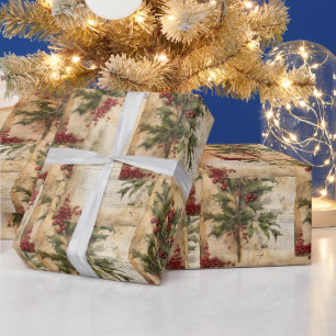 Cadeau Noël rustique vintage papier houx baies rouges