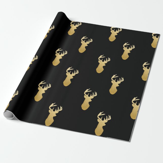 Cadeau Noir de papier d'emballage de motif de renne d'or (Déroulé)