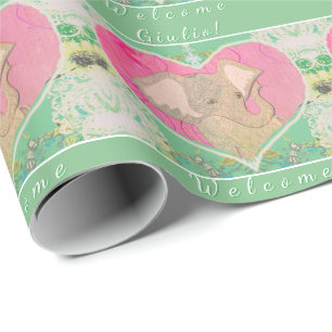 Cadeau Nouveau papier d'enveloppement rose vert éléphant