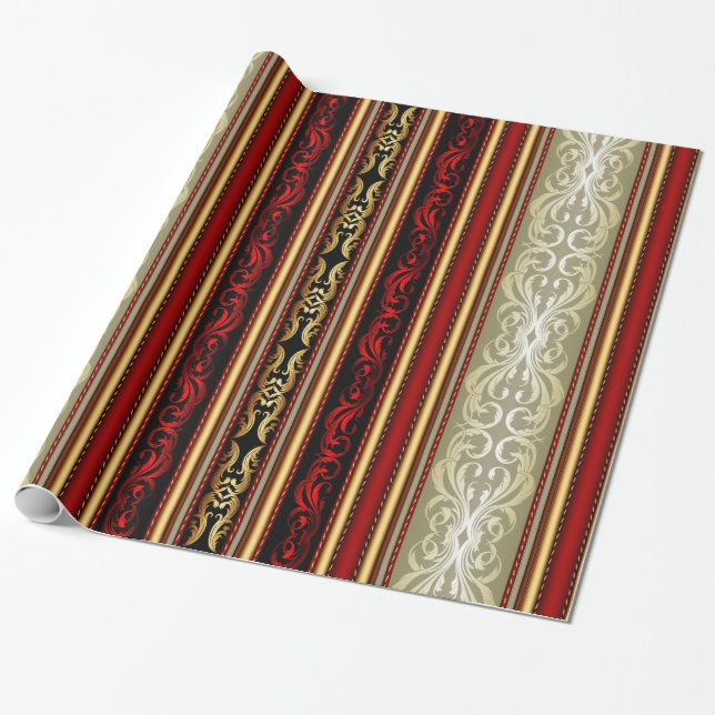 Cadeau Or, Damas rouge Victorian Stripe Wrappe Papier (Déroulé)