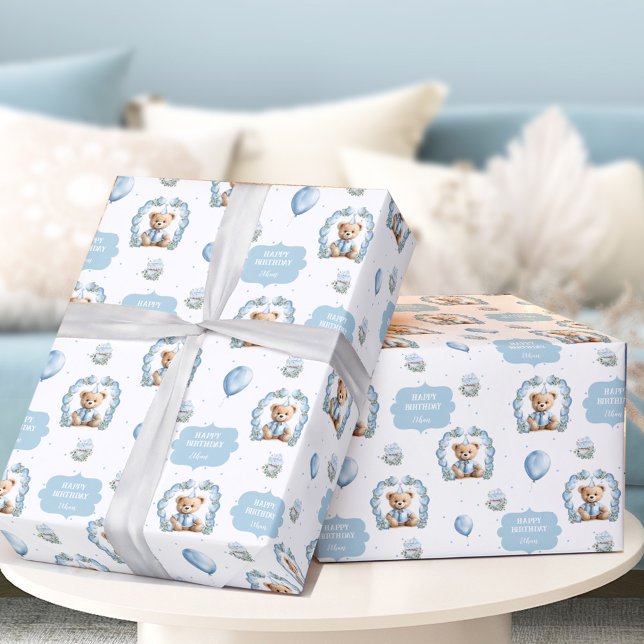 Cadeau Ours en peluche Anniversaire Nom du garçon Papier  (Teddy Bear Birthday Boy Name Blue Wrapping Paper)