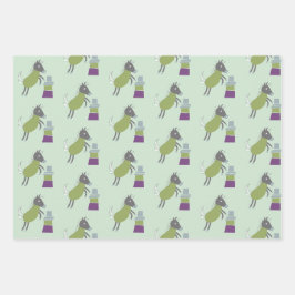 cadeau papier 3 vel paardjes groen roze