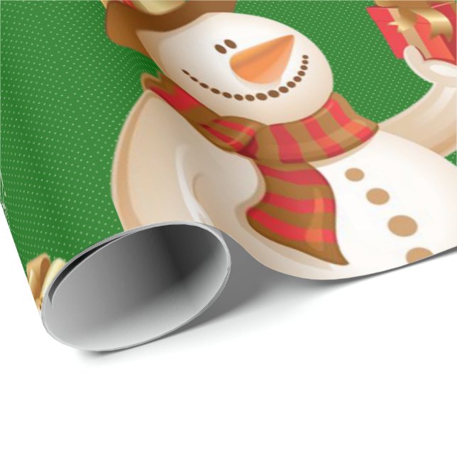 Cadeau Papier à enveloppement de Noël Snowman Green (Coin rond)