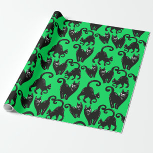 Cadeau Papier à enveloppement d'Halloween vert Chat noir