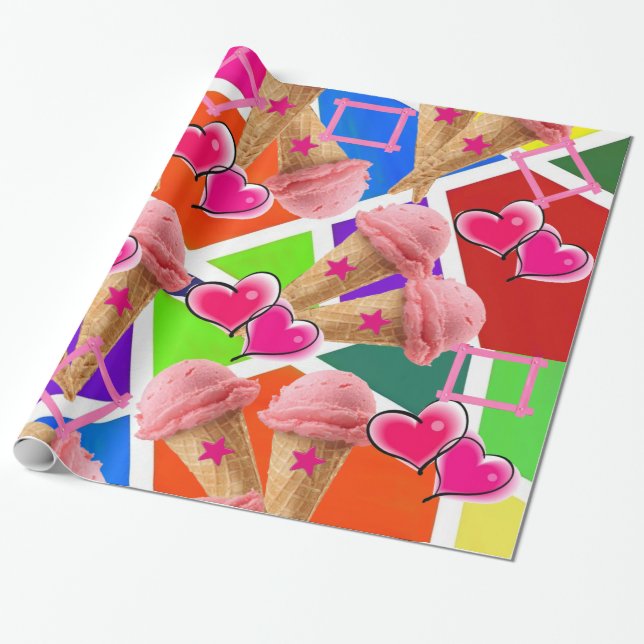 Cadeau Papier à envelopper brillant, crème glacée fraise (Déroulé)