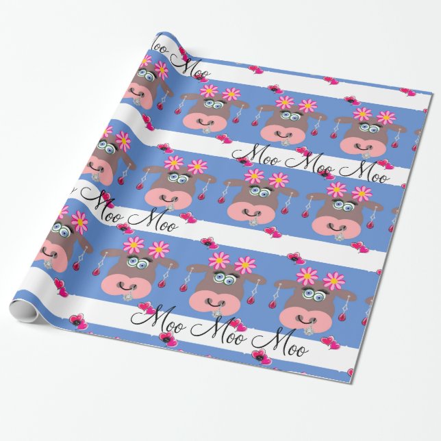 Cadeau Papier à envelopper brillant, Floral Cow Moo Blue (Déroulé)