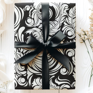 Cadeau Papier arabesque vintage plumes motif noir et blan