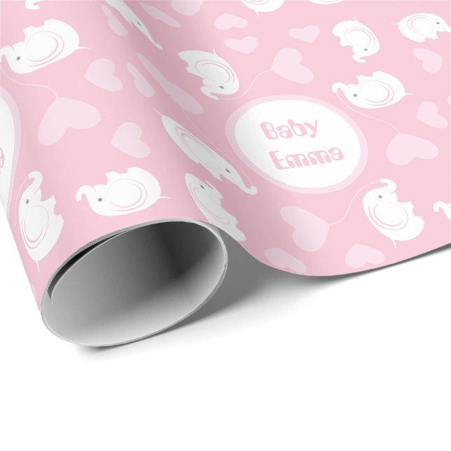 Cadeau Papier baby shower avec éléphant pour fille (Coin rond)