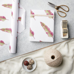 Cadeau Papier Boho Chic Rose et vert plume