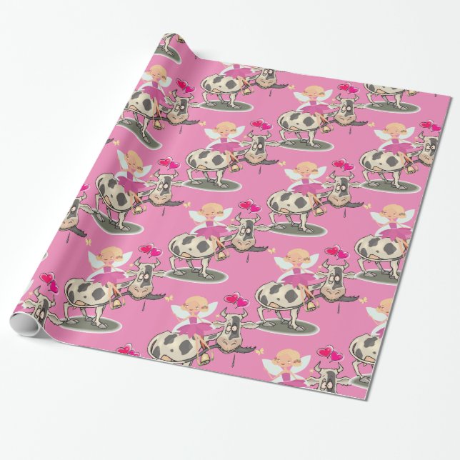 Cadeau Papier brillant à envelopper, Coeurs roses de vach (Déroulé)