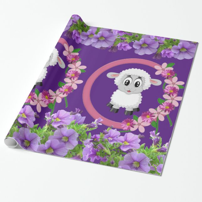 Cadeau Papier brillant à envelopper, Mouton Floral violet (Déroulé)