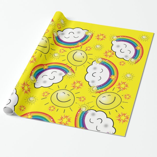 Cadeau Papier brillant, Arc-en-ciel nuages soleil Jaune (Déroulé)