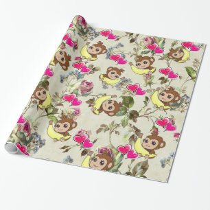 Cadeau Papier brillant, bananes singes Floral