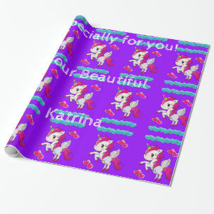 Cadeau Papier brillant, Coeurs Bleus Unicorne Purple