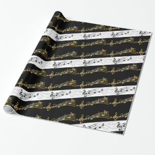 Cadeau Papier brillant, notes de musique noir et blanc